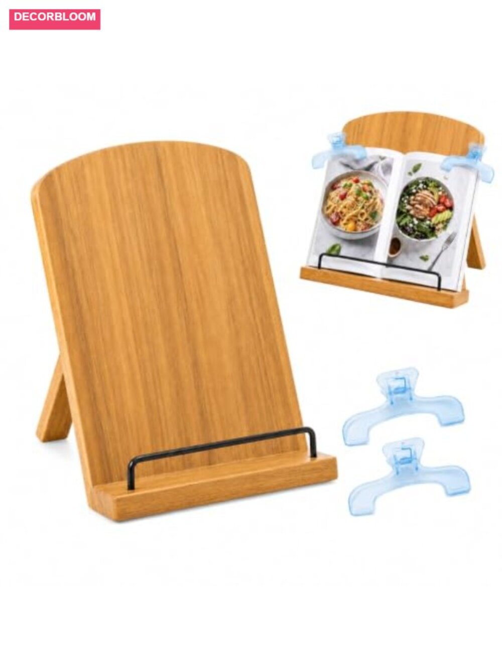 Walnut Cookbook Stand with Page Holder Clips for Kitchen Counter, Adjustable